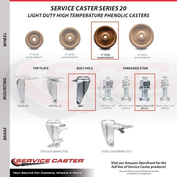 Service Caster 5 Inch High Temp Phenolic Swivel 12mm Stem Caster Total Lock Brake SCC, 2PK SCC-TSTTL20S514-PHSHT-M1215-2-S-2 - main